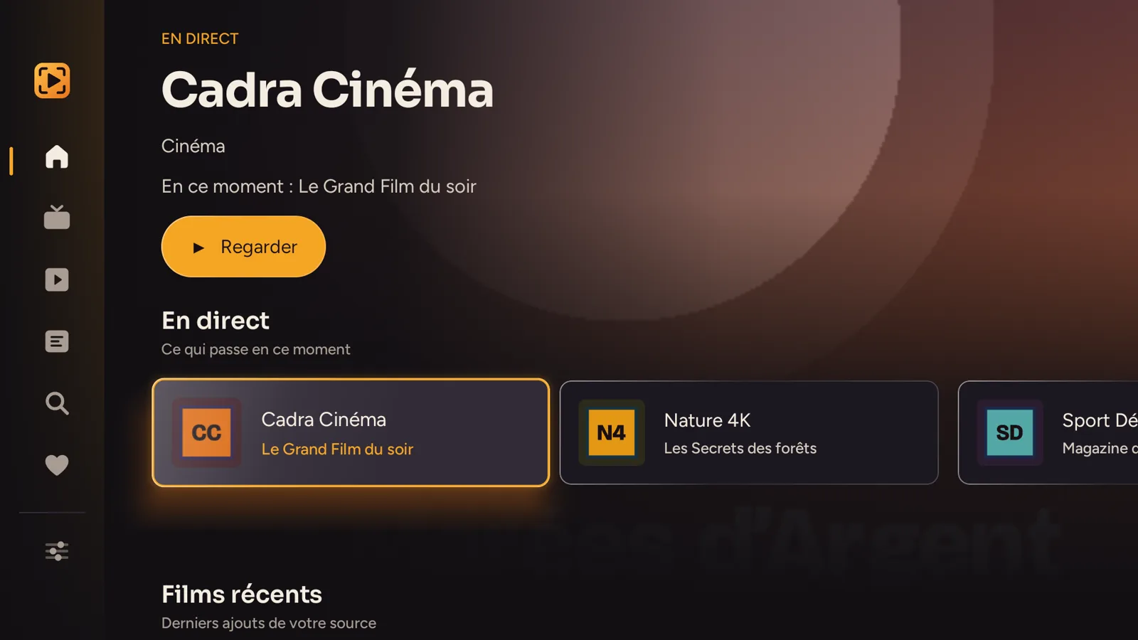 L'accueil de Cadra TV sur téléviseur.