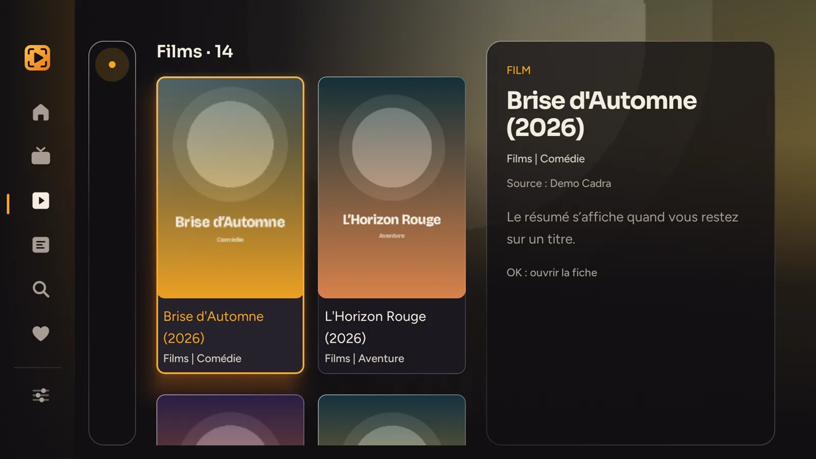 Le catalogue de films de Cadra TV, avec ses affiches.