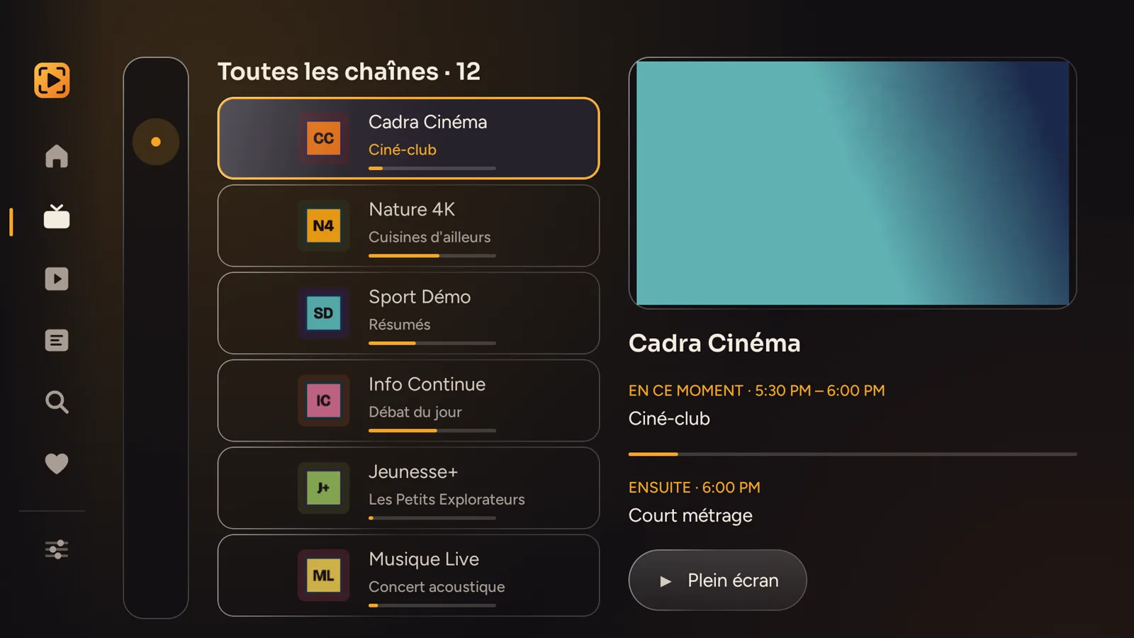The Cadra TV channel list on a TV, with fictional channels.