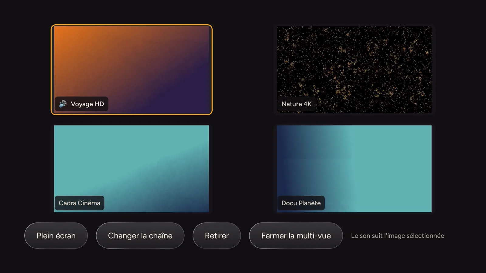 Le multi-vue de Cadra TV : quatre chaînes en même temps.