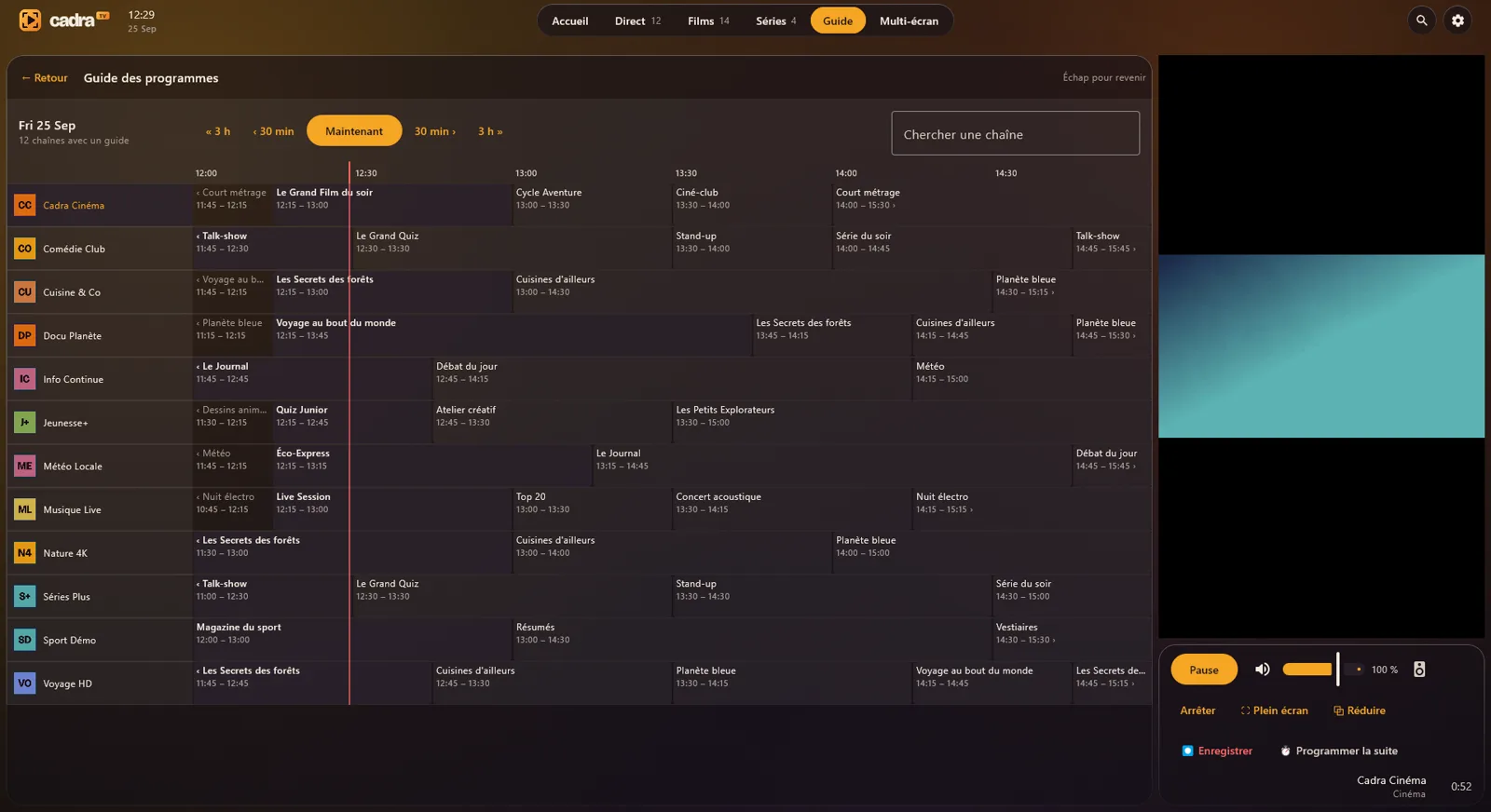 Le guide des programmes de Cadra TV.